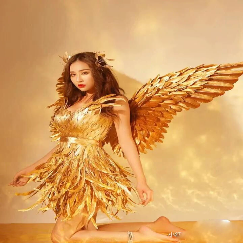 

Gold angel wings costume sexy baby stage show dance wear DJ party girl outfit Golden feather costumes