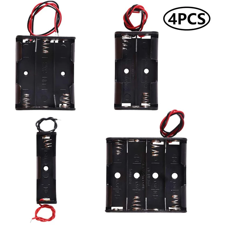 AA Battery Case Holder with Lead Wire Bundle 4 Pcs 1.5V DIY Battery Storage Boxes Tray 1/2/3/4 Slots in Parallel Black Plastic