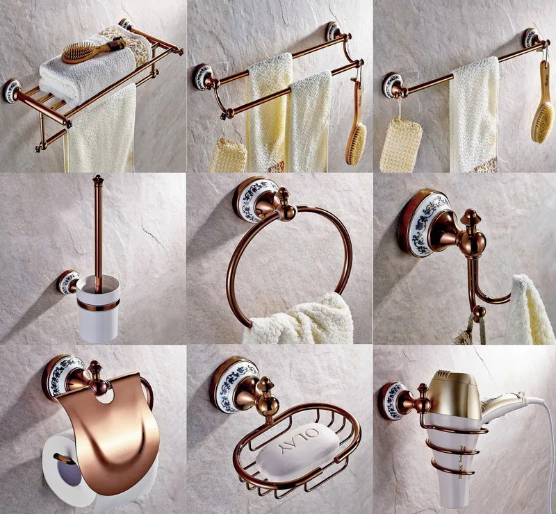 Rose Gold Brass Bathroom Accessories Set,Robe hook,Paper Holder,Towel Bar,Soap basket,Bathroom sets ZJ021