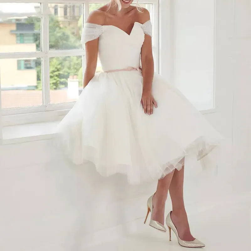 Kurze Hochzeit Kleid Weg Von Der Schulter Vestido De Novia Robe De Mariée платье Robe De Soiree свадебное платье Braut Zu werden MF0063