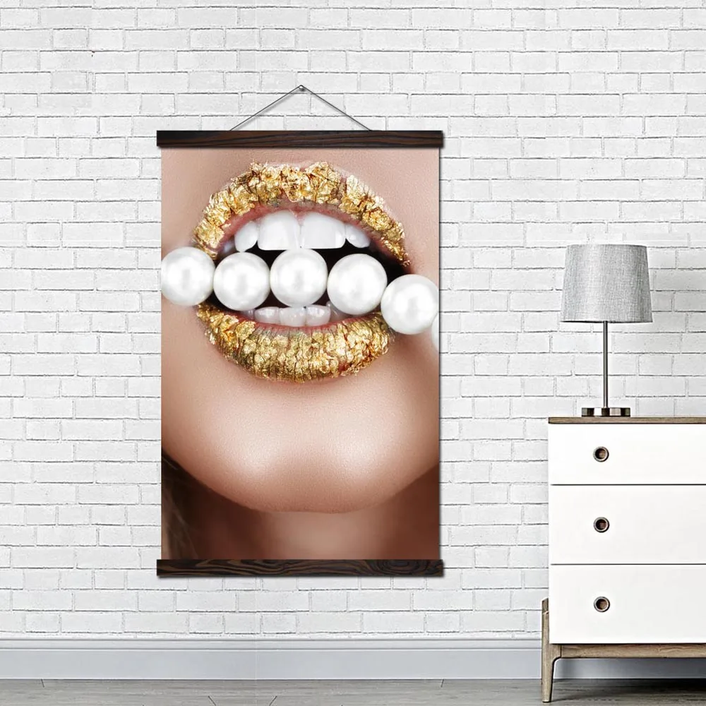 Fashion Lady Gold Lips Makeup Prints and Posters Canvas Art Painting Wall Picture Modern Goden Girl Decoration