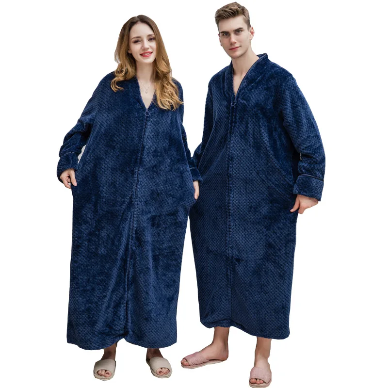 Autumn Winter Zipper Shellfish Velvet Bathrobe Plus Size Nightgown Men Women Thick Sleepwear Warm Flannel Extra Long Bath Robe