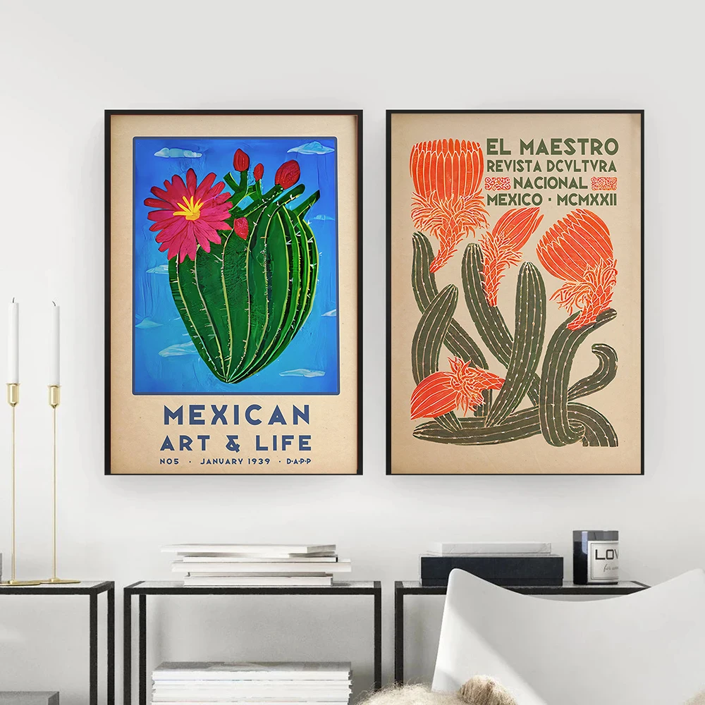 Mexican Culture Exhibition Wall Art Floral Vintage Poster and Prints Canvas Painting Cactus Picture Living Room Home Decor