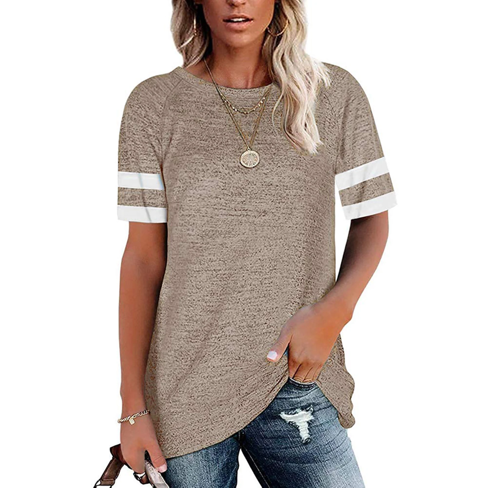 Women's Casual Loose Shirt Round Neck Color Block Waist Top Striped Sleeve T-shirt Blouse Striped Blouse Round Neck Top