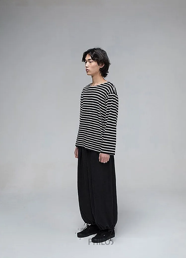 Spring/Summer New Men's Cuffs Drawstring Knickerbockers Fashion Youth Casual Pants Black Super Loose Wide Leg Pants