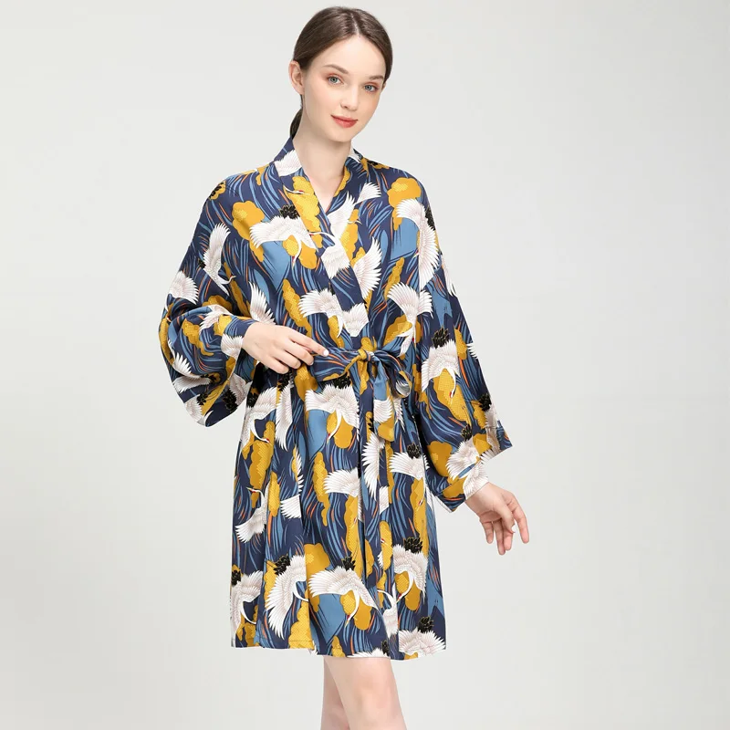 Yellow Crane New Sleepwear Robe Spring Viscose Women Nightgown Flower Printed Long-Sleeve Pajamas Bathrobe for Female