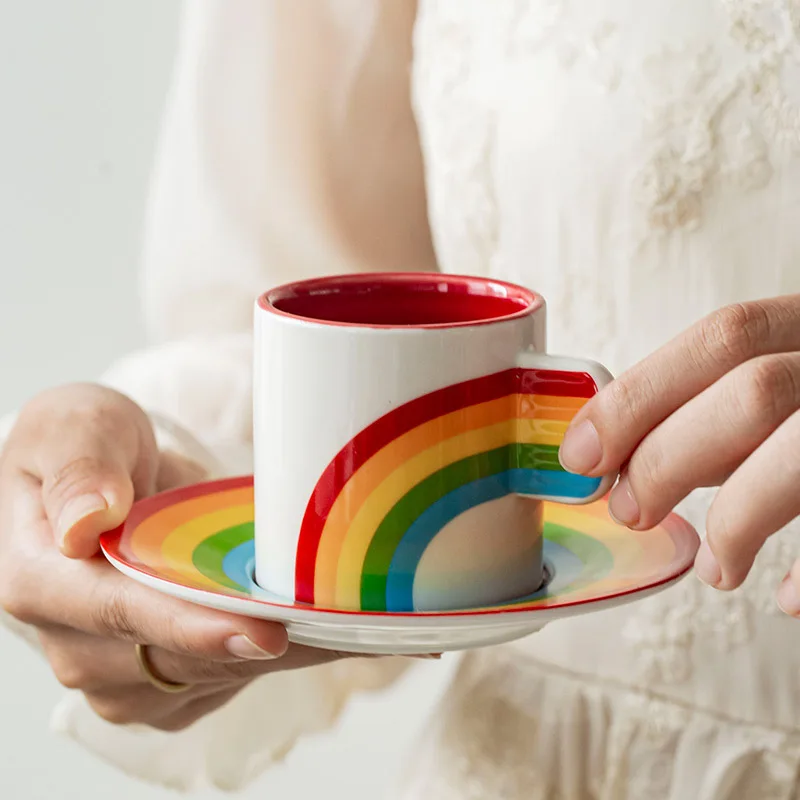 

Ceramic Cup Rainbow Coffee Cup and Dish Group Valentine's Day New Year's Day Gift Coffee Office Water Cup china cups tea set