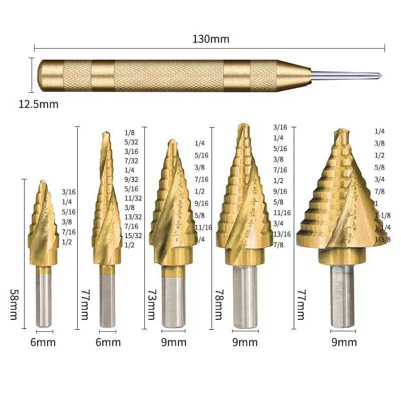 HSS British spiral straight groove step drill set step drill steel plate reaming drill aluminum box step drill center punch set