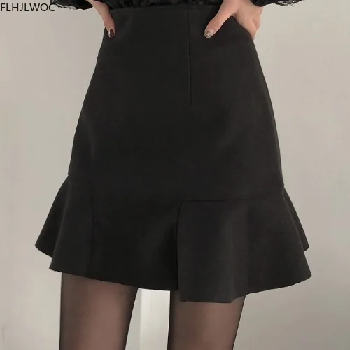 Mini-saia feminina de cintura alta com babados, saia de linha A, estilo preppy coreano, básico, preto, fofo, roupas femininas, quente, novo, outono