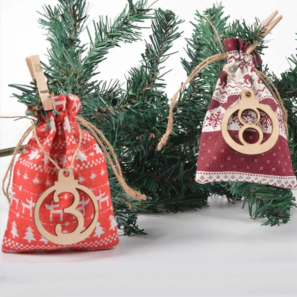 24PCS Christmas Advent Calendar Countdown Bag Hanging Candy Gift Sacks Pouch DIY Christmas Decoration with Clips Stickers Rope