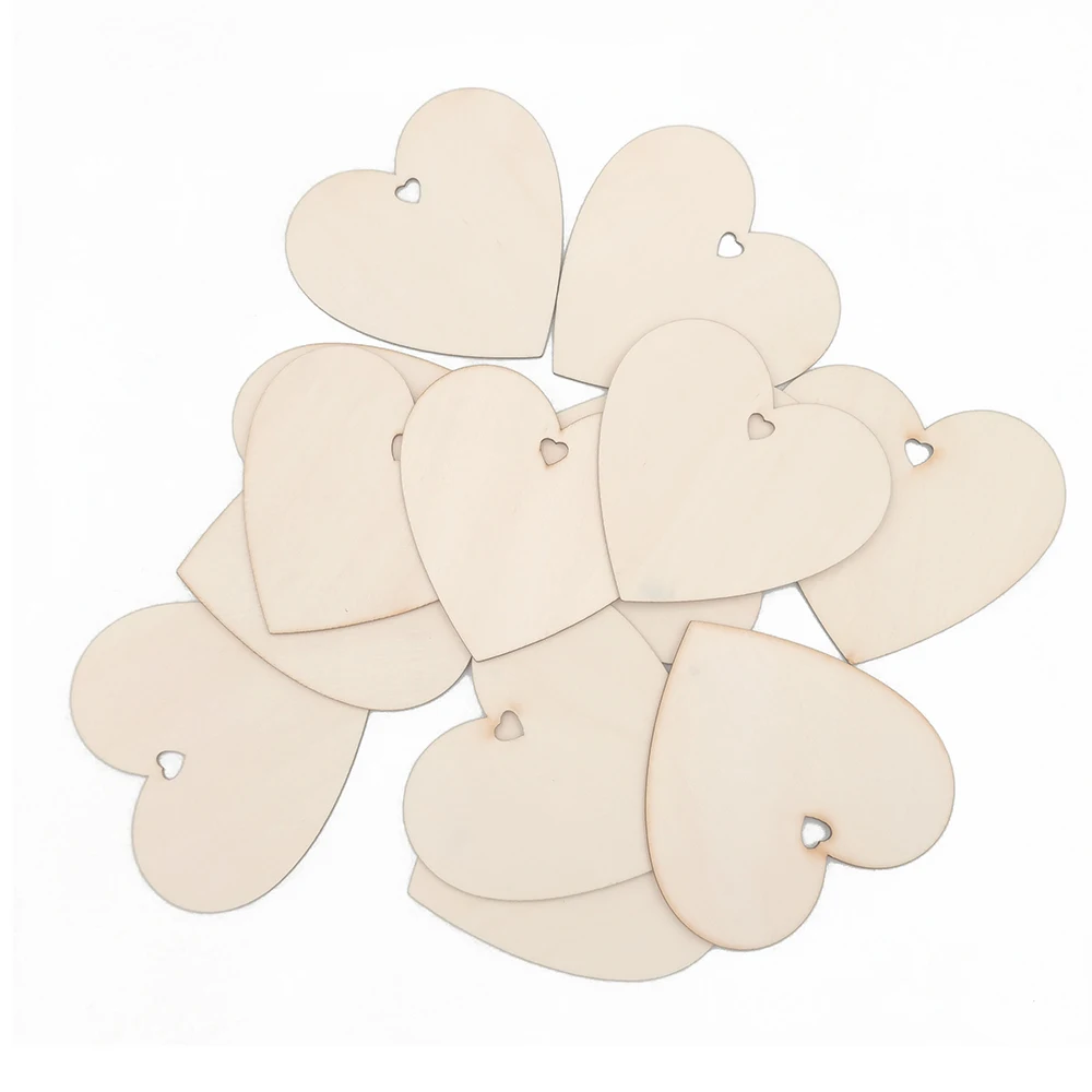 100pcs 100mm Wood Heart Blank Wooden Heart Embellishments with Natural Twine for Wedding DIY Arts Crafts Card Making