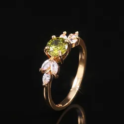 Huitan Delicate Women Wedding Ring Olive Green Round Zircon with Leave Shape Elegant Gold Color Gift Rings Trendy Jewelry