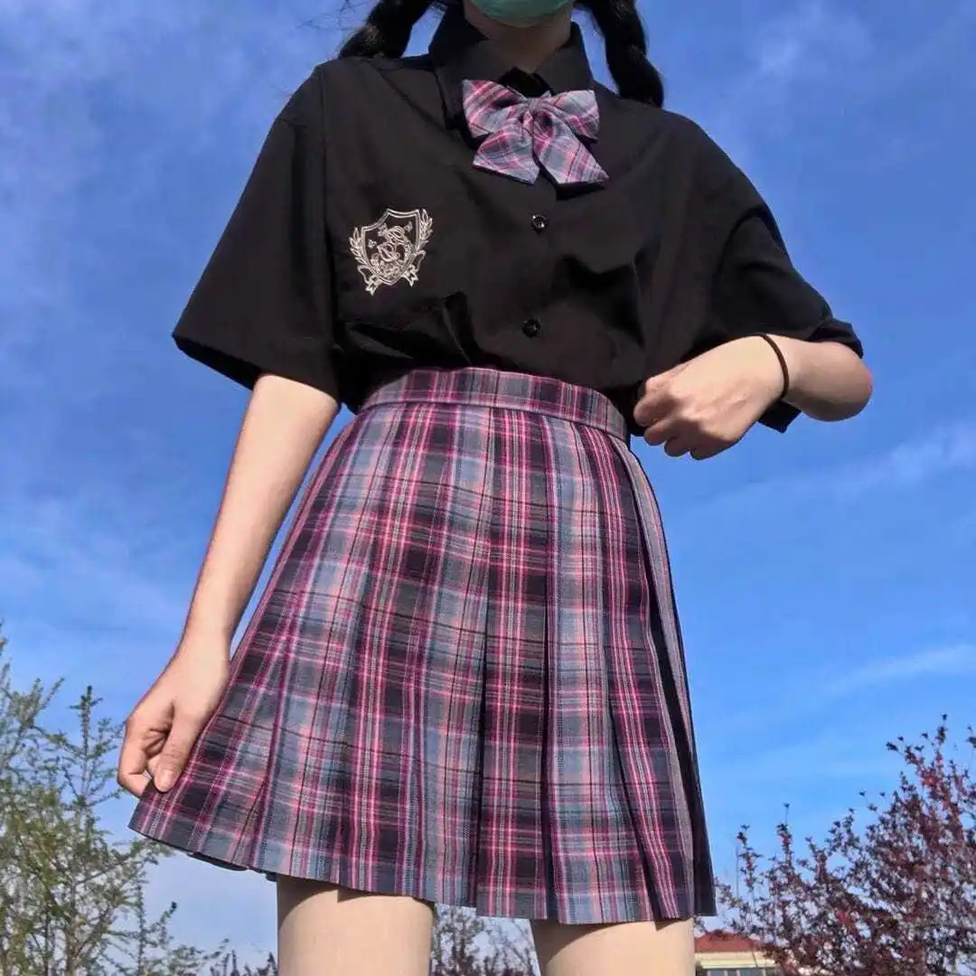 Japanse Jk Uniform Tweedelige Set Vrouwen Witte Lange Mouwen + Plaid Mini Rok Preppy Stijl Hoge Taille Rokken 2 Delige Set