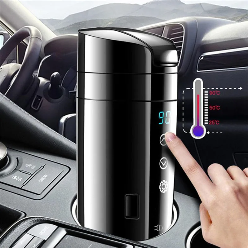 12V 24V 70W Real-time Temperature Vehicle Heating Cup Waterproof Stainless Steel Car Kettle Water Heater Car Mug Travel Kettle