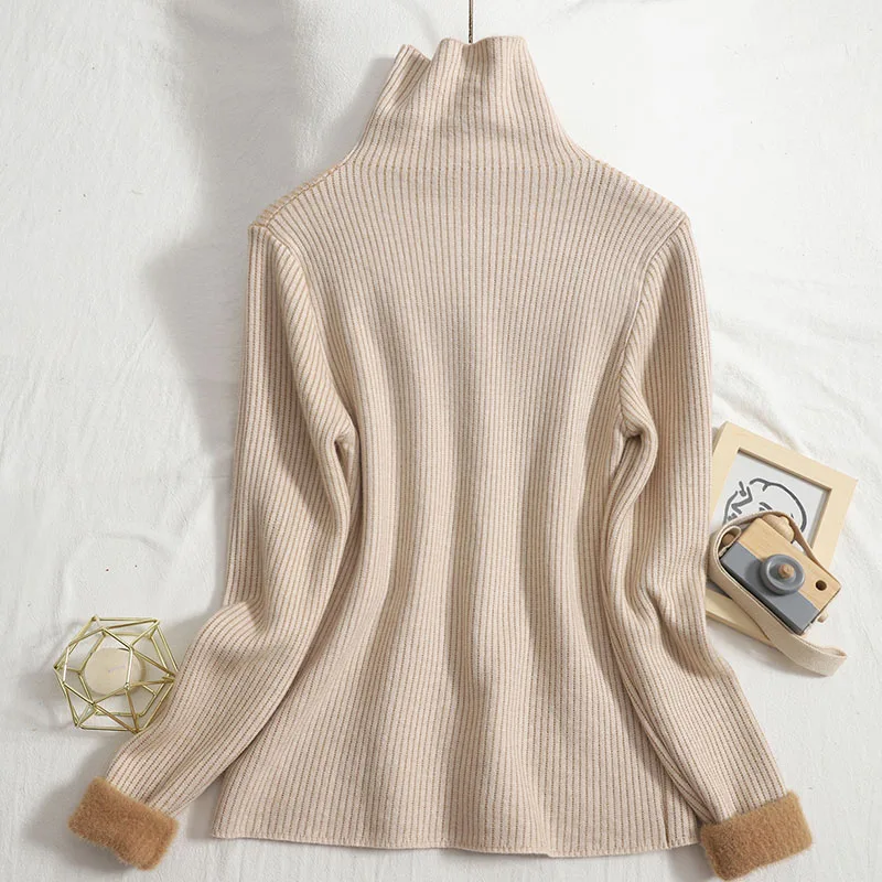 Women Sweater Solid color Half turtleneck Casual Jumper Thicken Knitted pullover Winter Plus velvet Warm Sweater Female