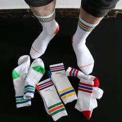 Men's tube socks towel bottom terry thicker stripes sports cotton sweat-absorbent fashion white socks trendy all-match