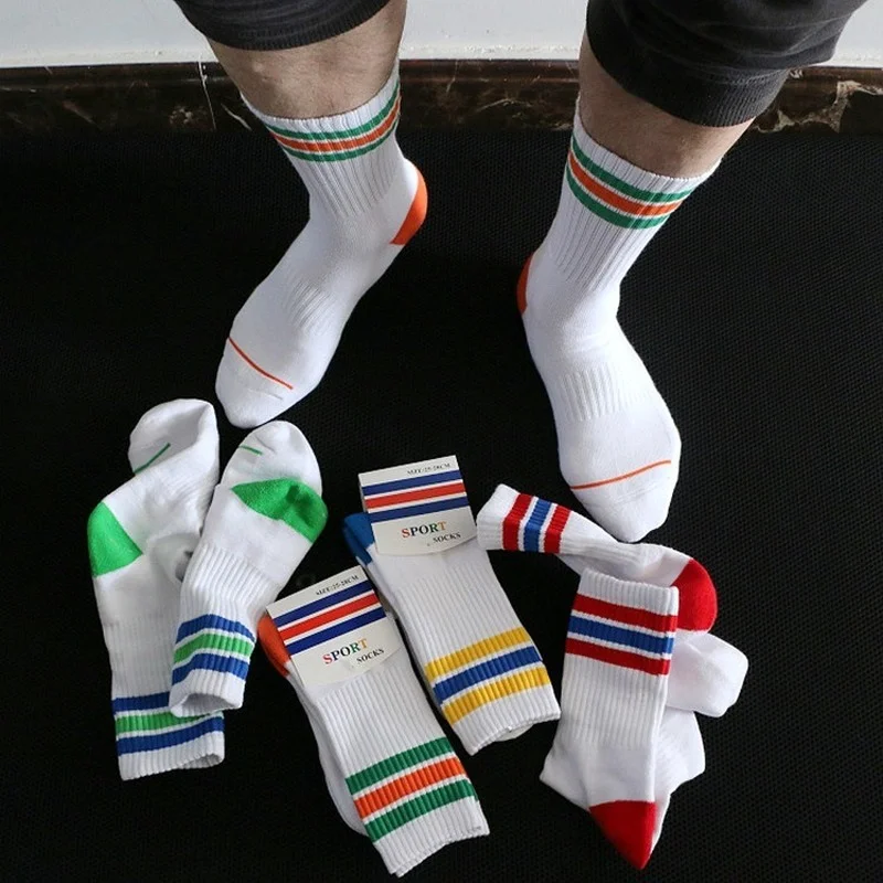 Men's tube socks towel bottom terry thicker stripes sports cotton sweat-absorbent fashion white socks trendy all-match