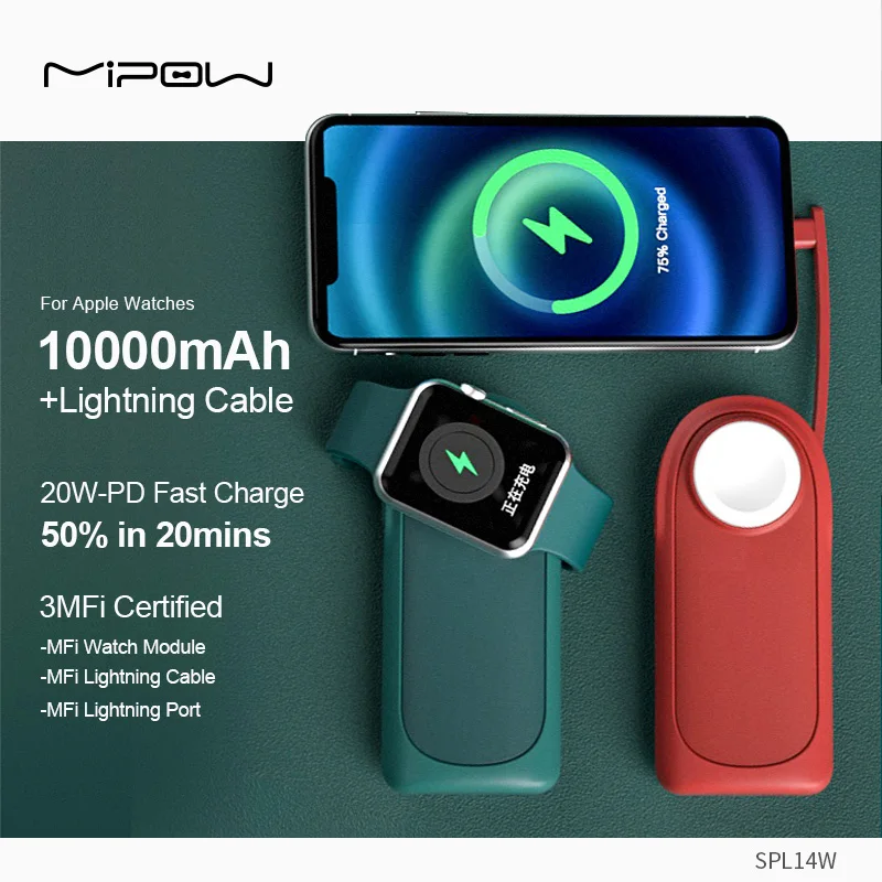 MIPOW&miffy10000mAh Power Bank For iPhone Built in cable charger Wireless For Apple Watch  Charger Mini External Battery Charger