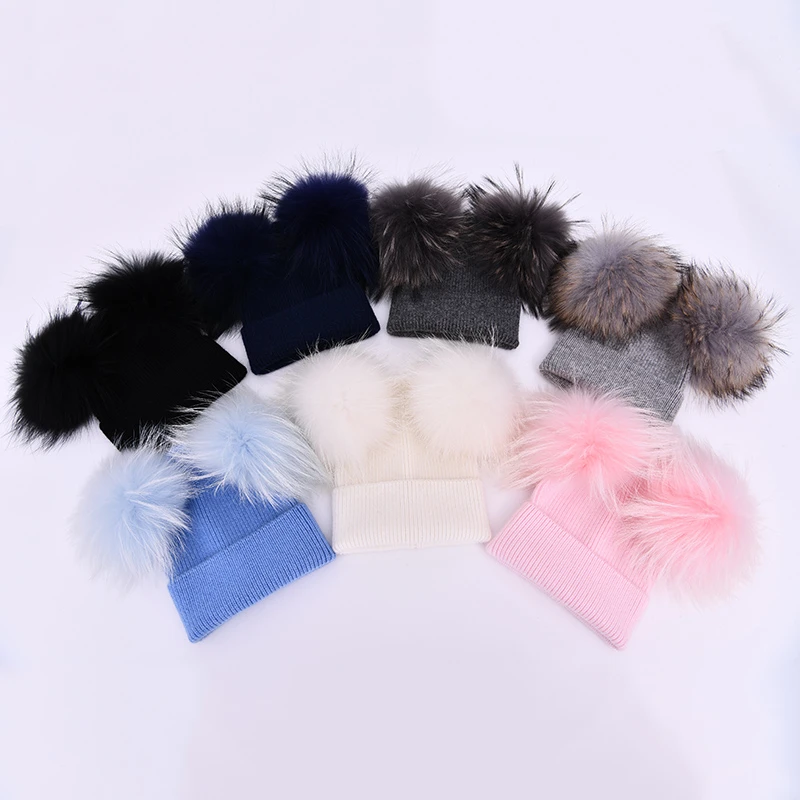 Children\'s Winter Toddler Baby Kids Cashmere Knitted Hat Beanie with 2 Double Real Fur Pom Poms Ears Hat for Boys and Girls