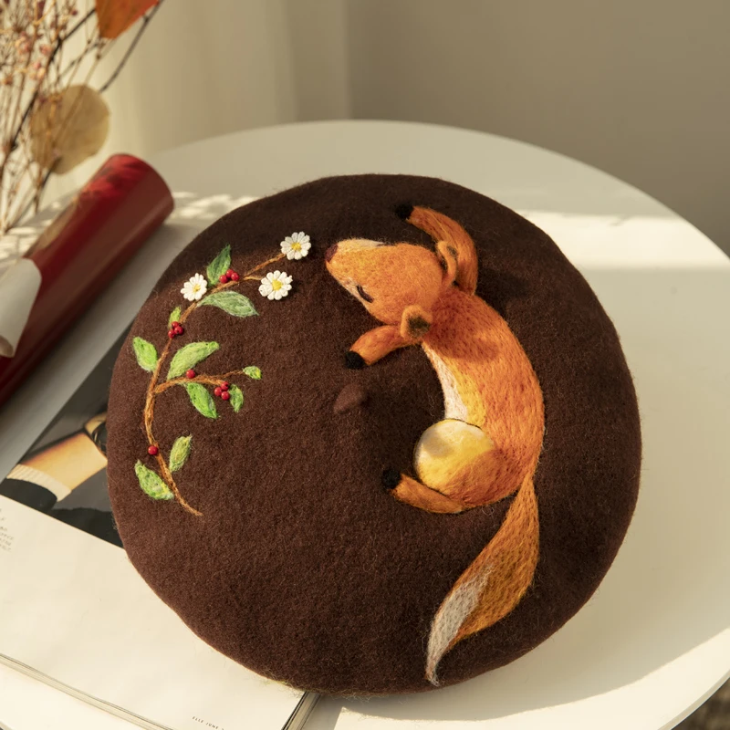 Faramita Holiday 3D Little Fox Women Forest Vines Branch Bud Cute Kids Painter Hats Wool Felt Handmade Berets Beret Hat Caps