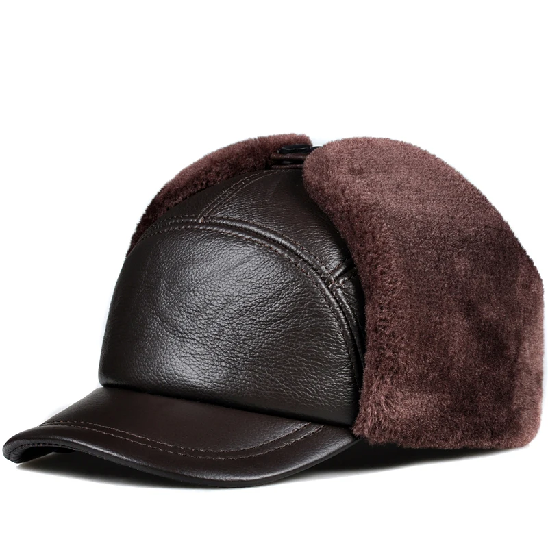 Winter Men 100% Genuine Leather Faux Fur Hat Male Warm Tag Thick Velvet Bomber Hats Elderly Earflap Moto Windproof Snow Caps