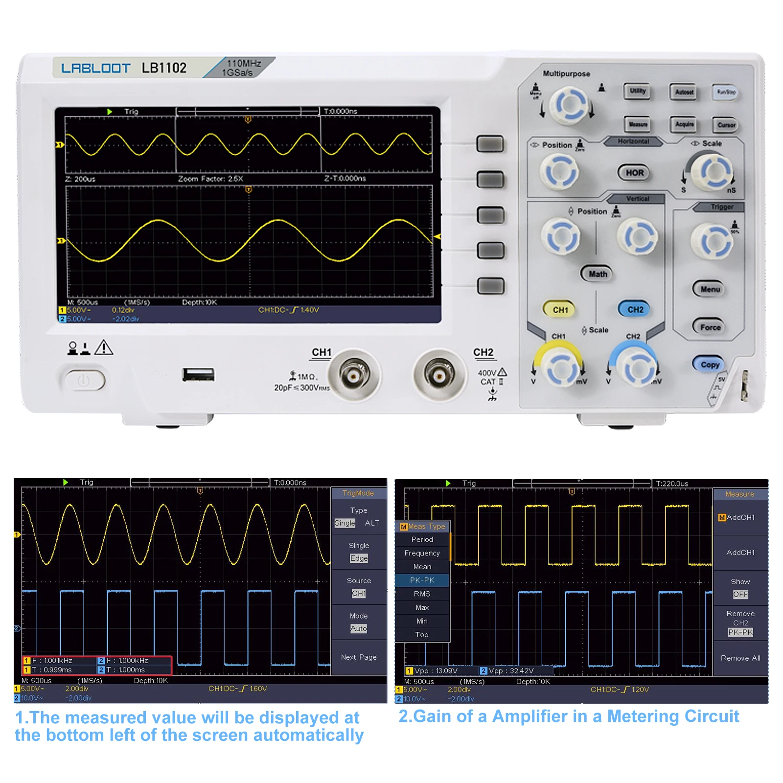 Labloot LB1102 Digital Oscilloscope 2-Channel Oscilloscopes 110MHZ Bandwidth 1GS/s High Accuracy Oscilloscope