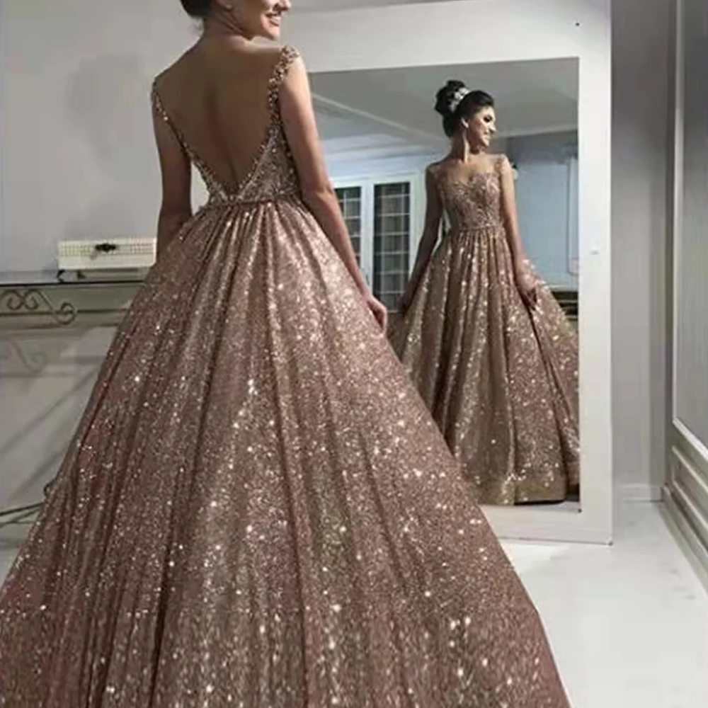 African Elegant Rose Gold Sequins Beading Crystal Evening Dresses Sleeveless Ball Gown Backless Women Formal Prom DressCustomize