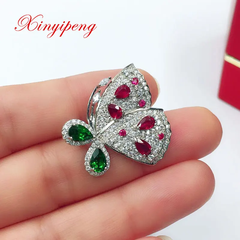 Xin Yipeng S925 sterling silver plated white gold inlaid real natural ruby diopside pendant necklace fine holiday gift For women