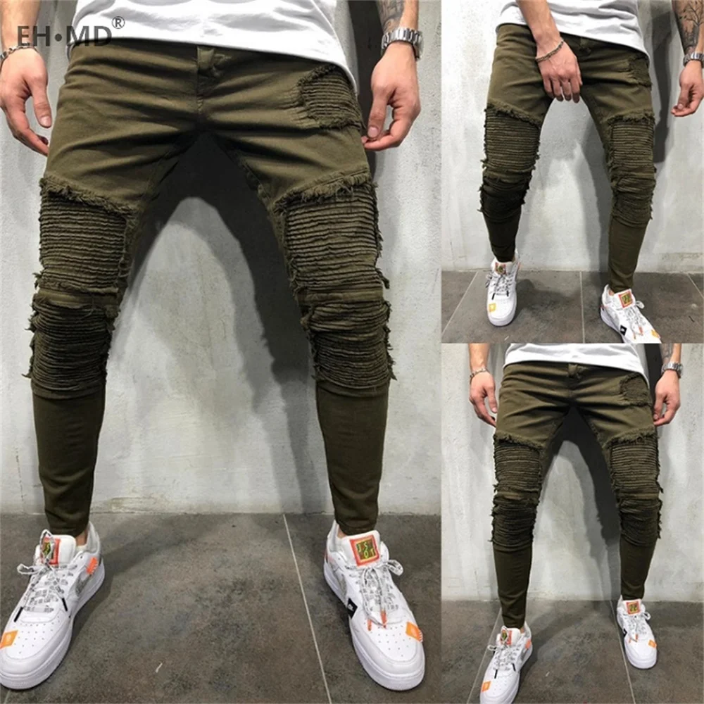 Pantalones vaqueros de Stiletto verde militar de verano para hombre, con agujeros rasgados, rayas onduladas arrugadas decoradas, pantalones