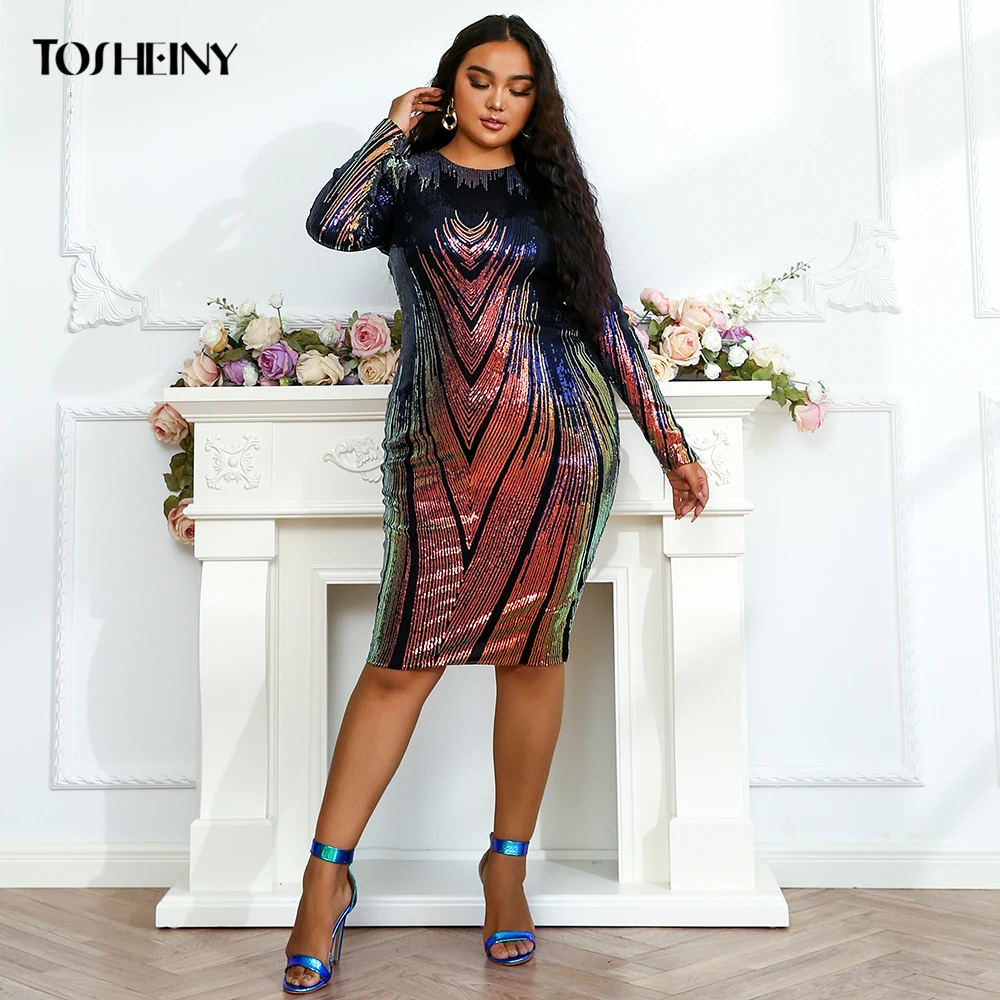 Tosheiny Woman Plus Size Dress Elegant Sexy Midi Sequins Long Sleeve Party Evening Vestidos Bodycon Fashion Curve