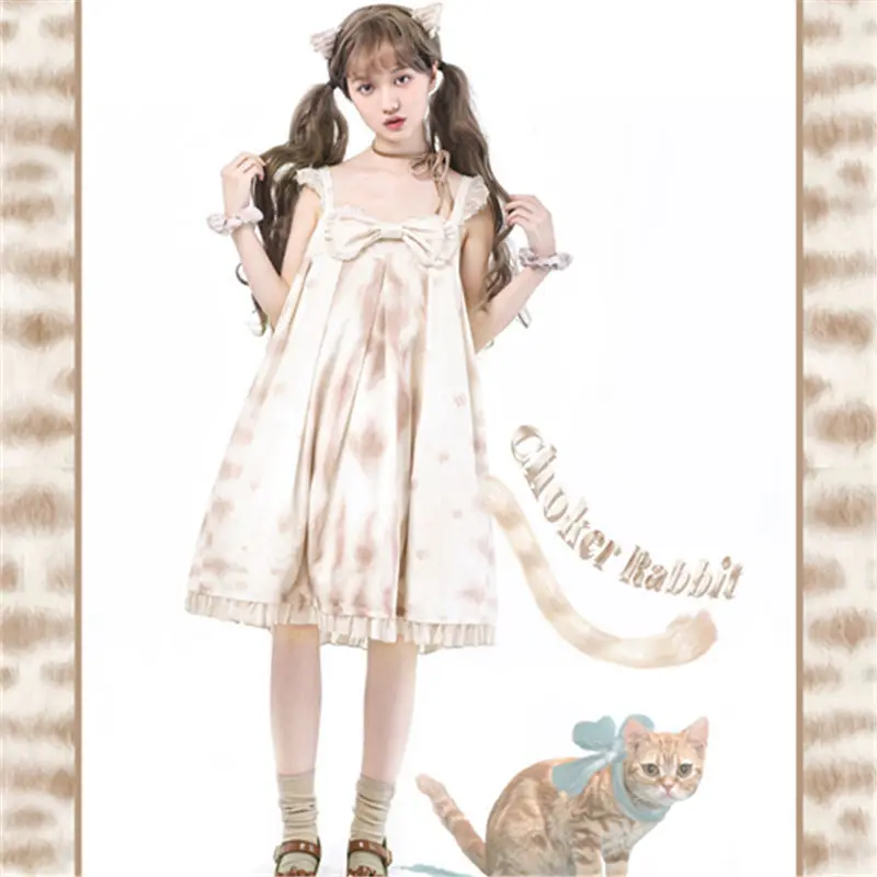 

Kawaii Lolita Cosplay Japanese Soft Sister Dress Cute Cat Style Sleeveless JSK Dress Ruffles Bow Princess Suspender Dress