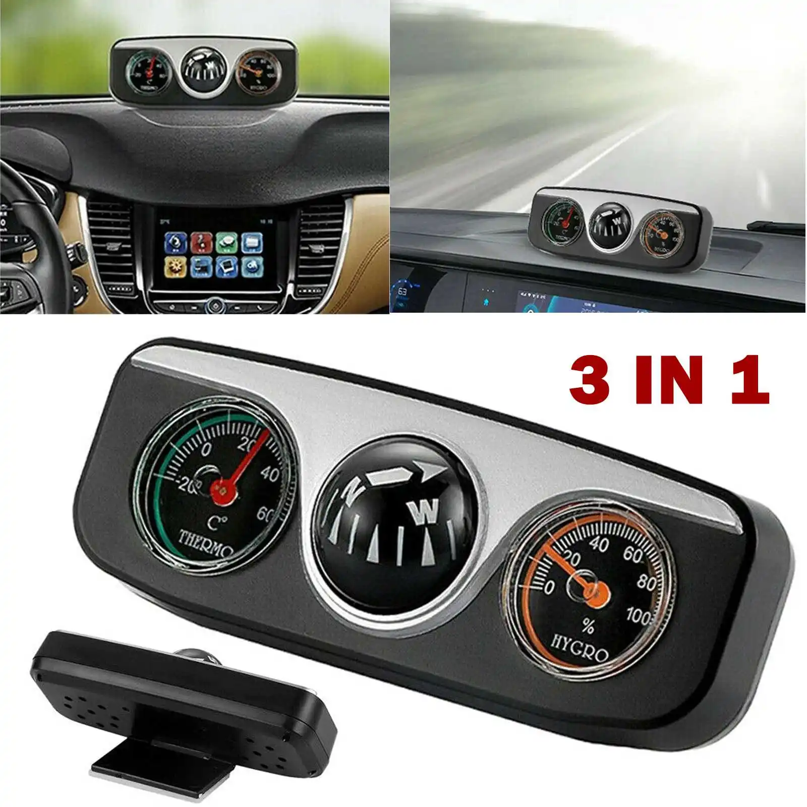 Black 3 In 1 Car Vehicle Dashboard Thermometer Hygrometer Hike Compass Navigation Ball Navigation Compass Camping Hiking