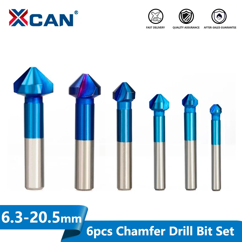 XCAN HSS Chamfer Drill Bit 6pcs 6.3-20.5mm 90Degrees 3 Flutes Countersink Drill Bit Nano Blue Coated Chamfer Cutter