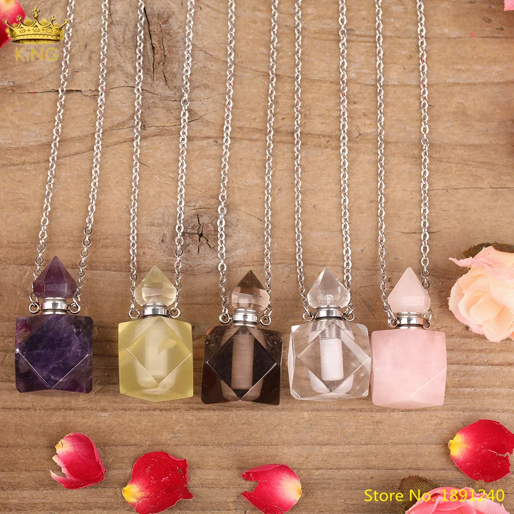 Natural Pink Roses Amethysts Quartz Stone Faceted Square Perfume Bottle Pendant,Women Crystal Essential Oil Diffuser Gift