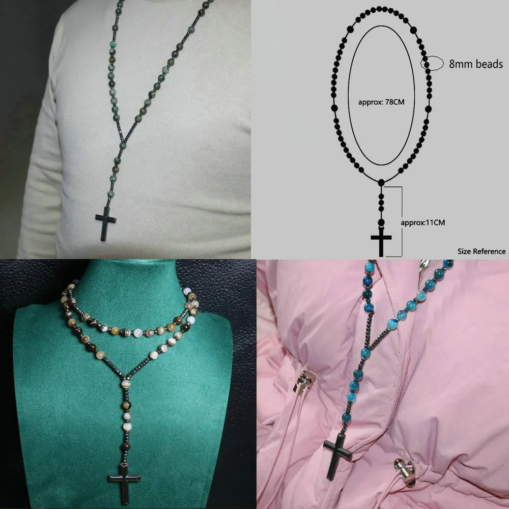 Natural Amethyst String Beads Necklace For Women Catholic Christ Rosary Necklaces Men Hematite Crosses Pendant Necklace Jewelry