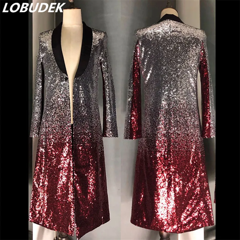 Multi-color Sequined Overcoat Long Blazer Male Singer DJ Nightclub Bar Sequins Embroidery Long Coat Concert Performance Clothes