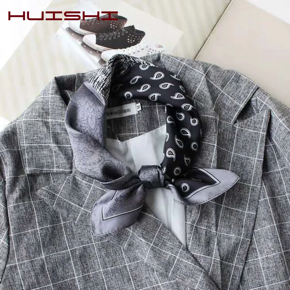 HUISHI Small Scarf Fashion Kerchief Women Head Scarf For Hair Grey Red Black Blue Silk Neck Scarves Female 53cm Square Bandanas