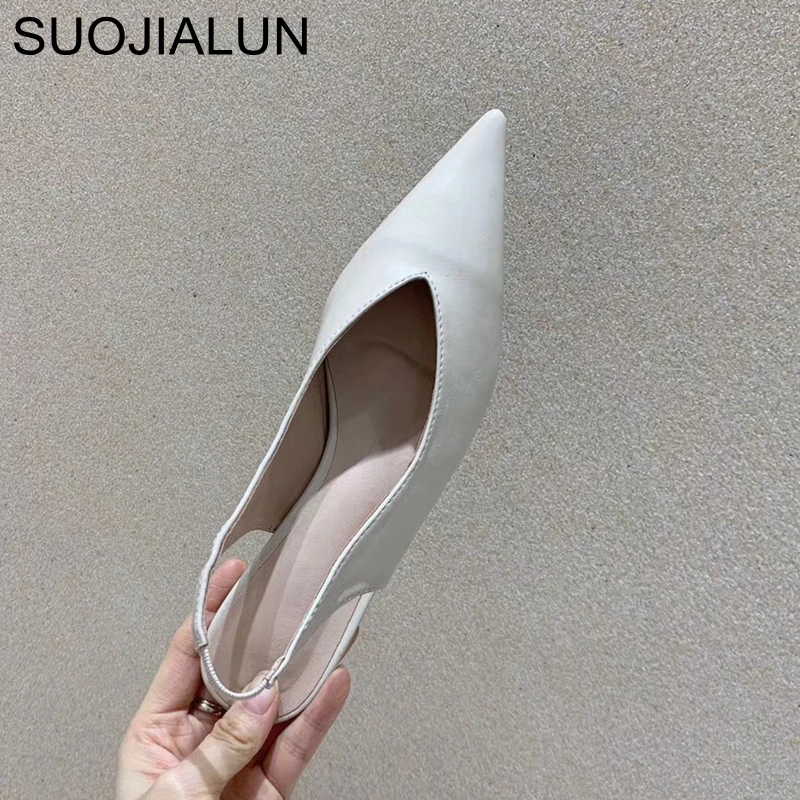 SUOJIALUN Fashion Brand Sandals Mules Women Shallow Mouth Pointed Toe Shoes Low Heel Slip On Slides Slipper Shoes