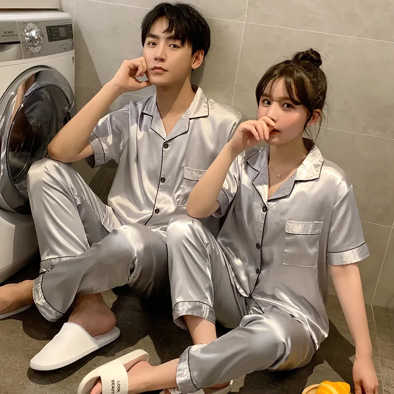 Spring Silk Satin Pajamas Couple Set Summer Short Sleeve Button-Down Sleepwear Women Men Solid Color Loungewear Plus Size Pj Set