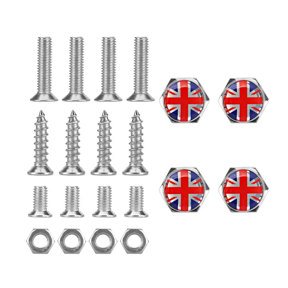 4pcs/Set Chrome Metal England British Flag Silicon Surface Anti-theft Screws Car License Plate Bolts Frame Screws