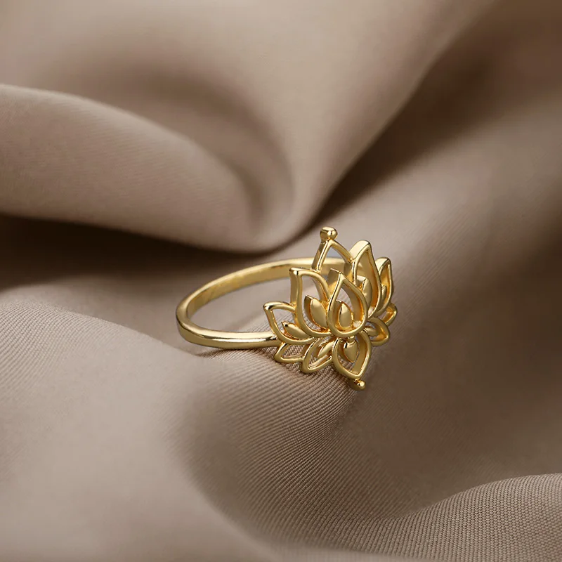 Lotus Rings For Women Waterproof Gold Color Stainless Steel Ring Wedding Couple Flower Aesthetic Jewelry Freeshippi Item anillos