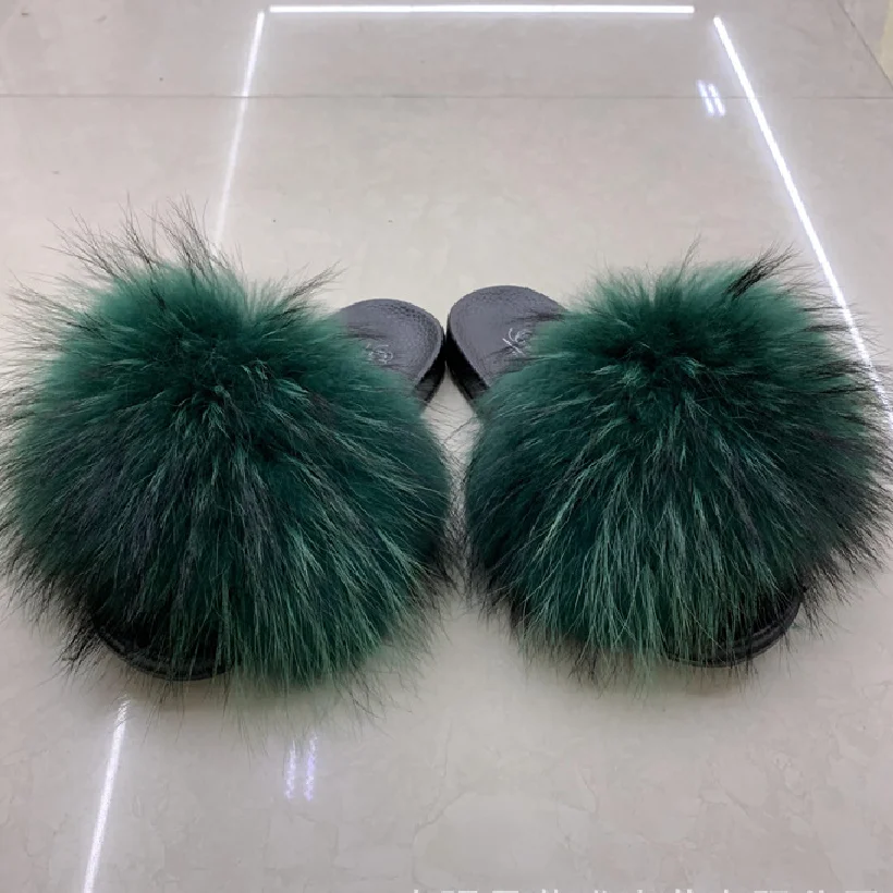 Fox Fur Slippers for Ladies, Real Raccoon Fur Slippers, Indoor, New, 2024