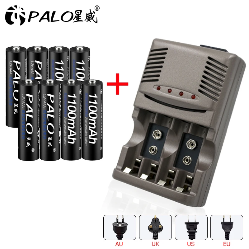 PALO 4 Slots LED Light Battery Charger For NiCd NiMH AA AAA 6F22 9V 1.2V Rechargeable Batteries + 8Pcs 1.2V 1100mAh AAA Battery