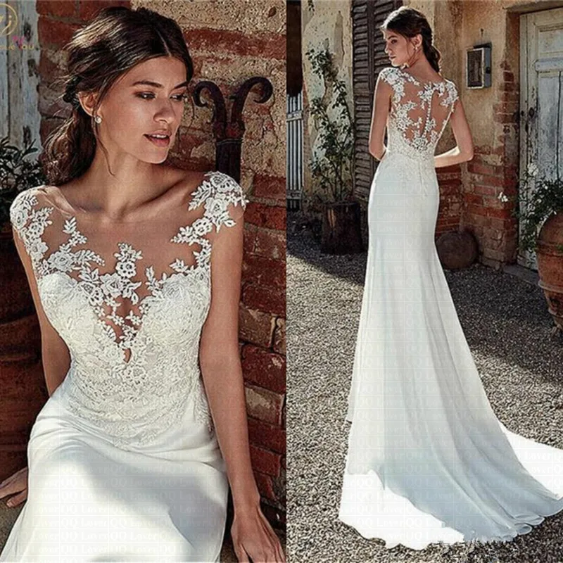 

Vestido De Noiva Modest Soft Satin Bateau Neckline Mermaid Wedding Dress 2021 Lace Appliques Sheer Bridal Dress Illusion Back