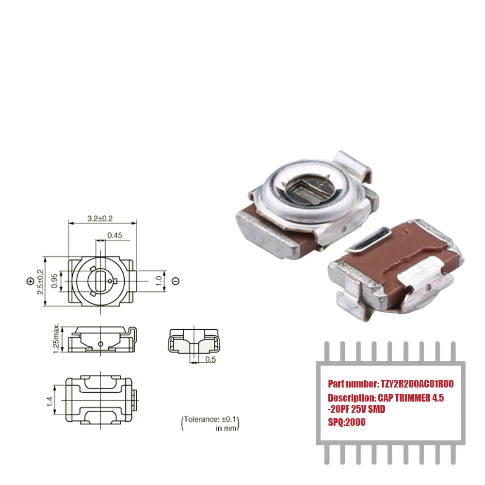 My Group Asia 2000PCS TZY2R200AC01R00 Surface Mount  SMD 4.5 ~ 20pF 25V Top Trimmers, Variable Capacitors  in Stock