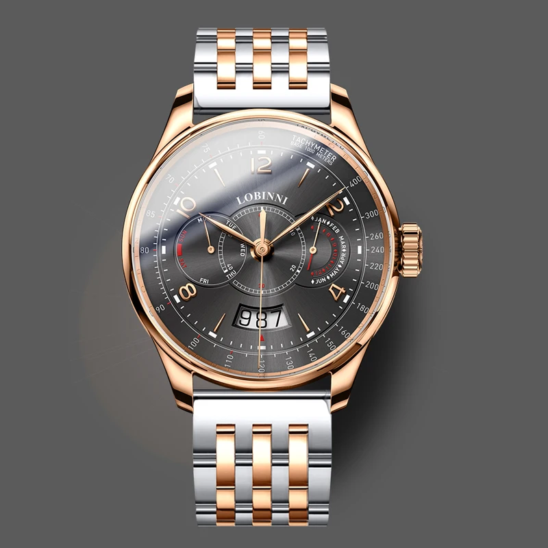LOBINNI Luxury Dress Men Multi Function Watch Genuine Leather Strap Rose Gold Business Automatic Mechanical Watch