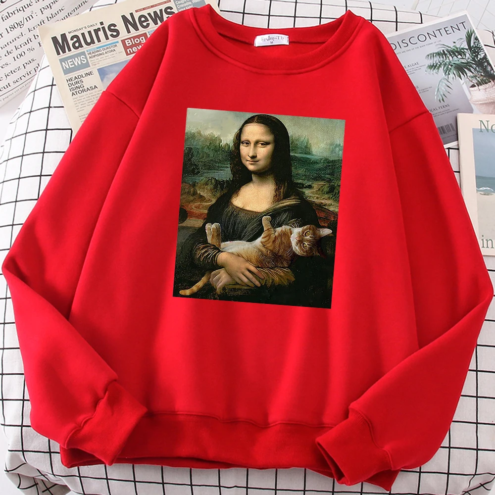 Famous Painting Mona Lisa Hold Cat Print Men Hoodies Soft Oversize Hoody Casual Autumn Sweatshirts Loose Soft Women Pullover Top