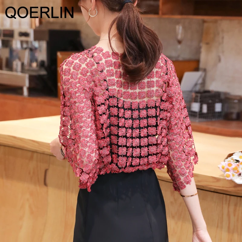 QOERLIN 2 Pieces Embroidered Chiffon Shirt Summer Suspender Top Two Piece Lace Hollow Mesh Top Sexy Temperament Pullover Blouse