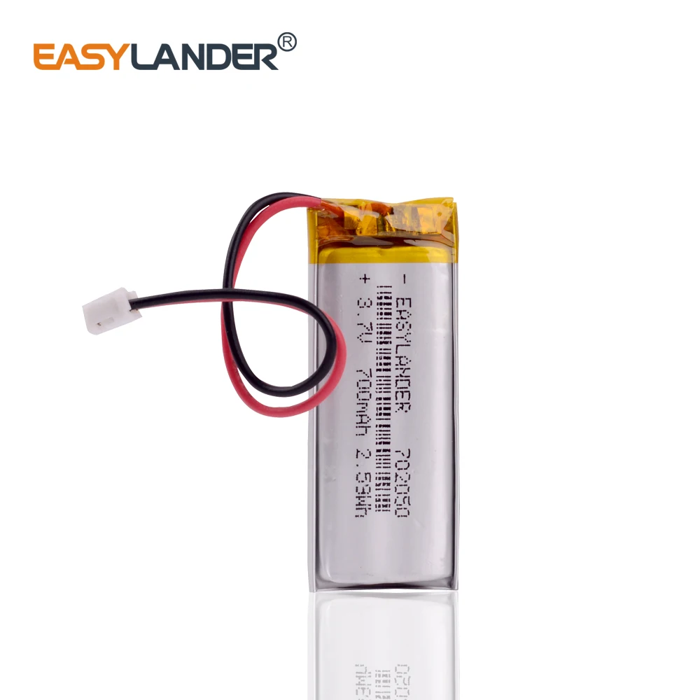 JST 1.25mm 2 pin 3.7V 700mAh 702050 Lithium Polymer LiPo Rechargeable Battery For Mp3 DVR PAD DVD bluetooth camera