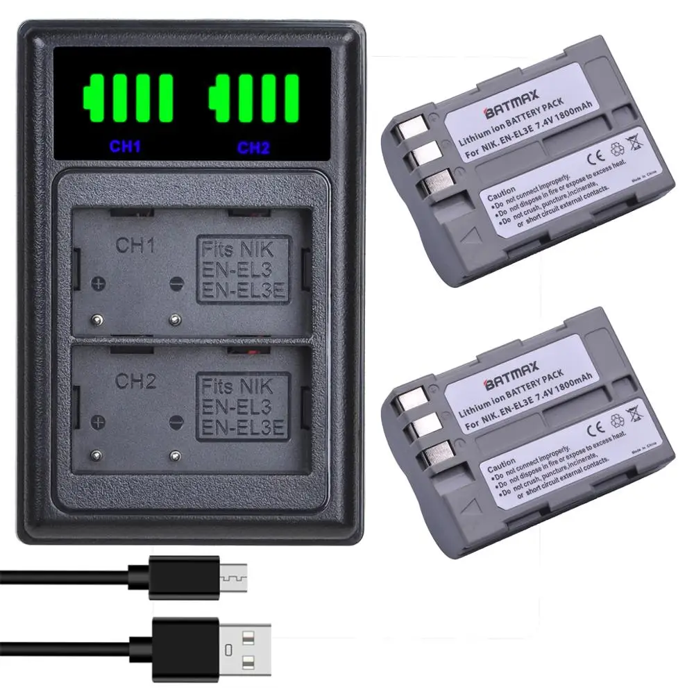 

Batmax EN-EL3E EN-EL3 EL3E Battery+LED Dual Charger with Type C Port for Nikon D50,D70,D70s,D80,D90,D100,D200,D300,D300S, D700